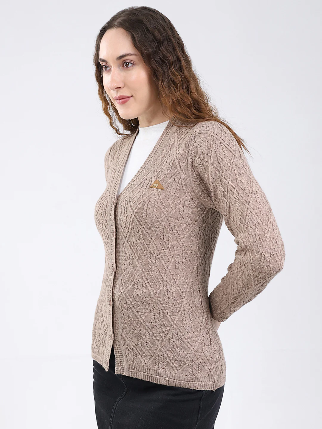 Women Beige Self Design V Neck Full Sleeve Cardigan - Image 3