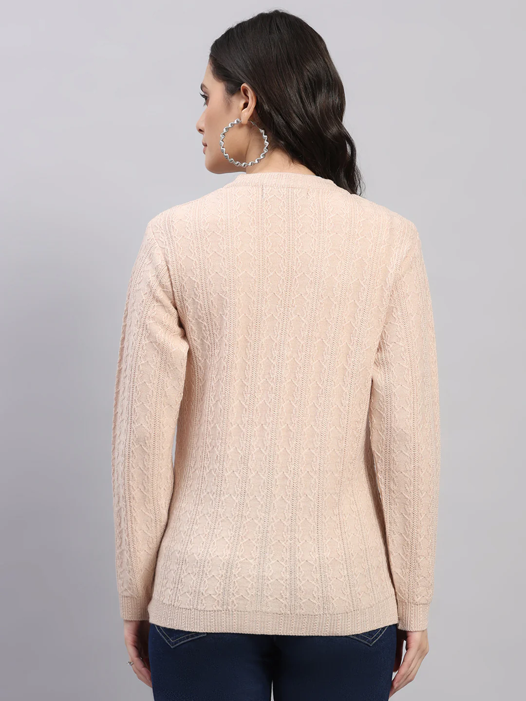 Women Beige Self Design V Neck Full Sleeve Cardigan - Image 5