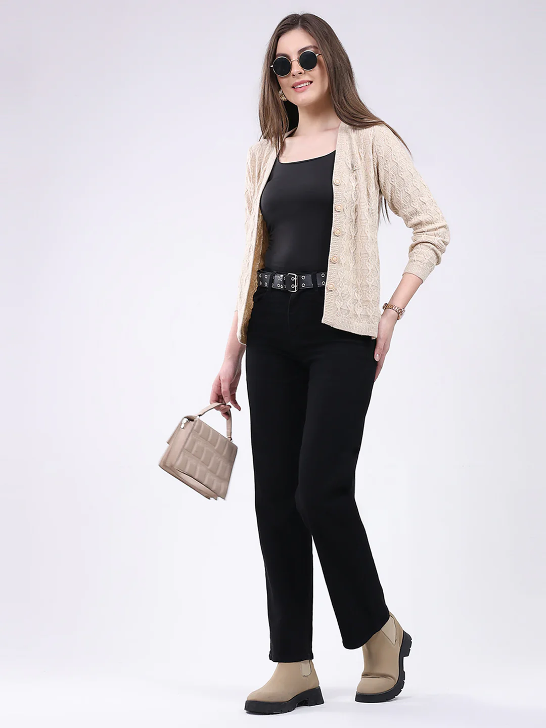 Women Beige Self Design V Neck Full Sleeve Cardigan - Image 2