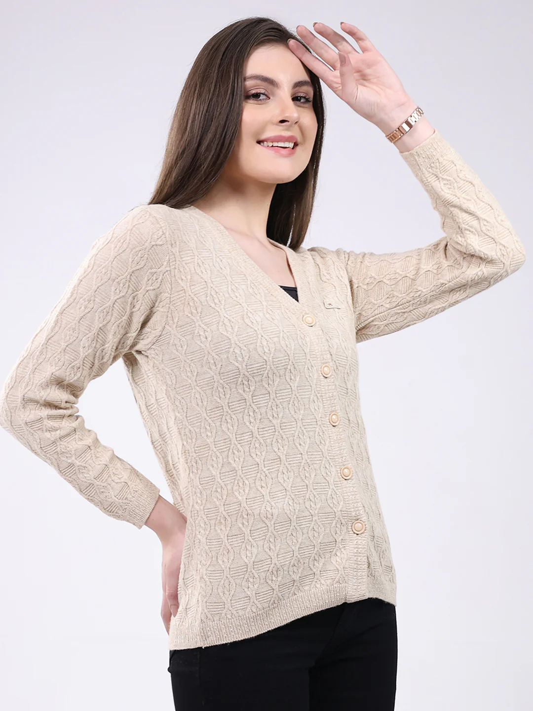 Women Beige Self Design V Neck Full Sleeve Cardigan - Image 4