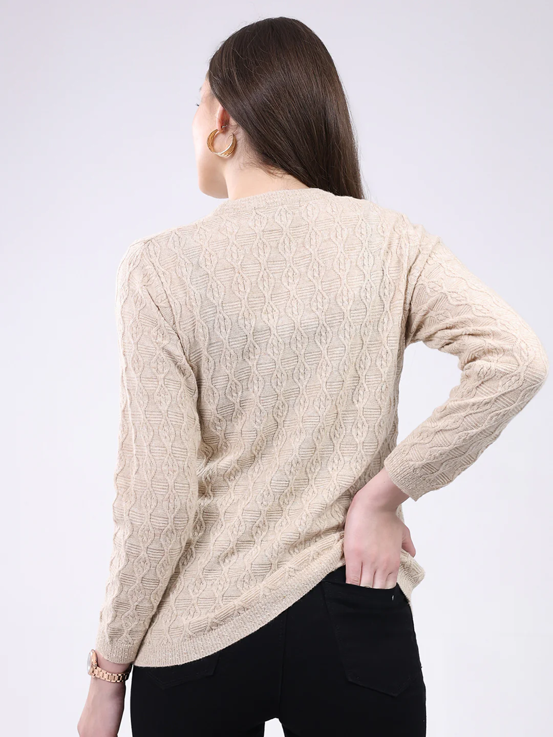 Women Beige Self Design V Neck Full Sleeve Cardigan - Image 5
