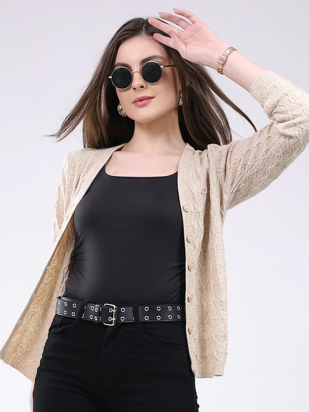 Women Beige Self Design V Neck Full Sleeve Cardigan - Image 6