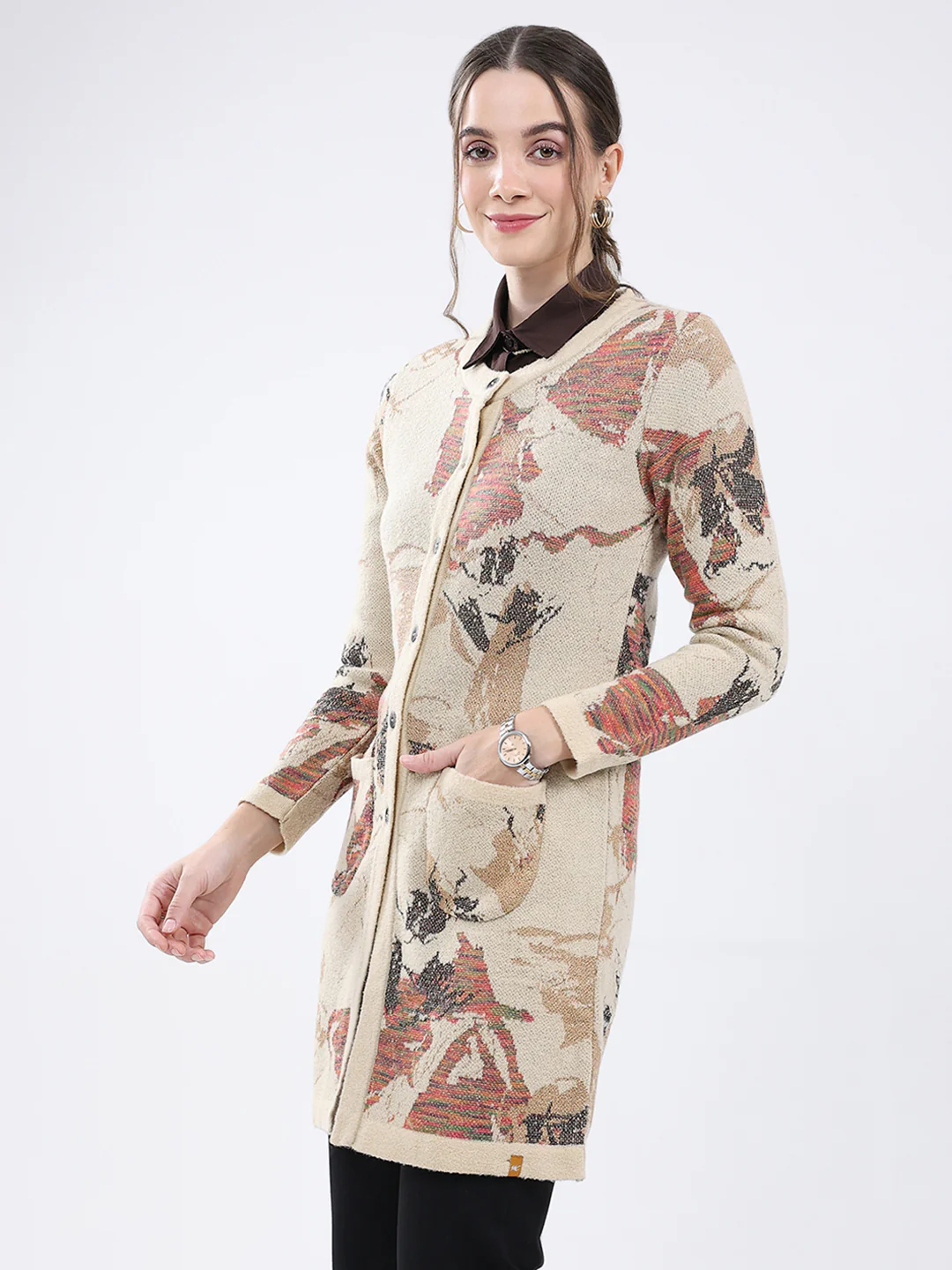 Women Beige Self Design Round Neck Full Sleeve Cardigan - Image 3
