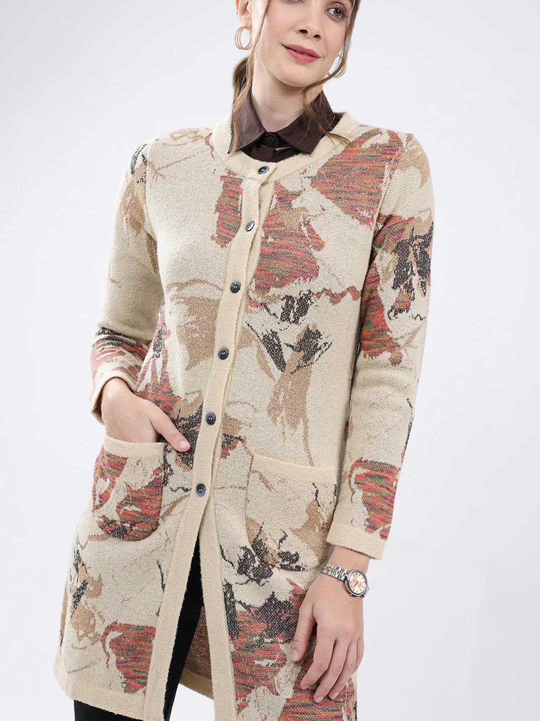 Women Beige Self Design Round Neck Full Sleeve Cardigan - Image 6