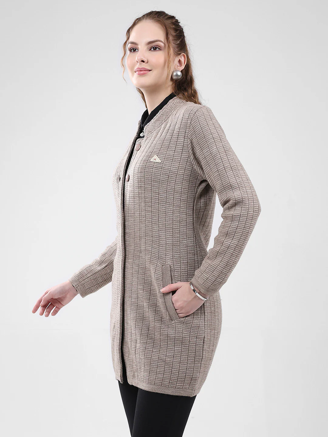 Women Beige Self Design Round Neck Full Sleeve Knitted Coat - Image 3
