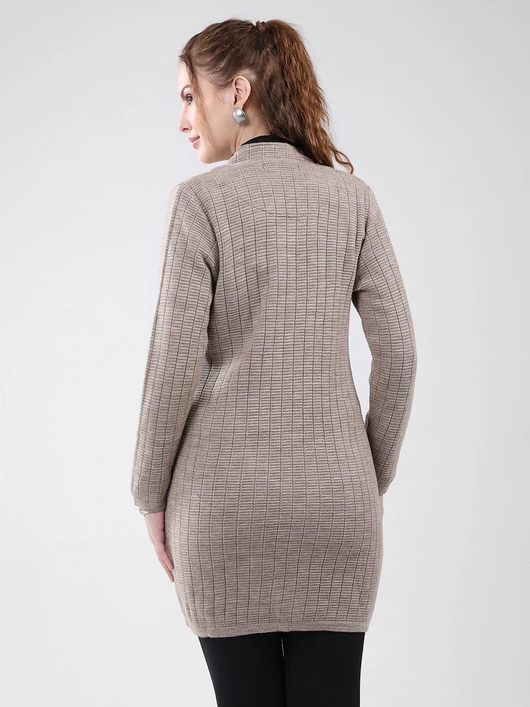 Women Beige Self Design Round Neck Full Sleeve Knitted Coat - Image 5