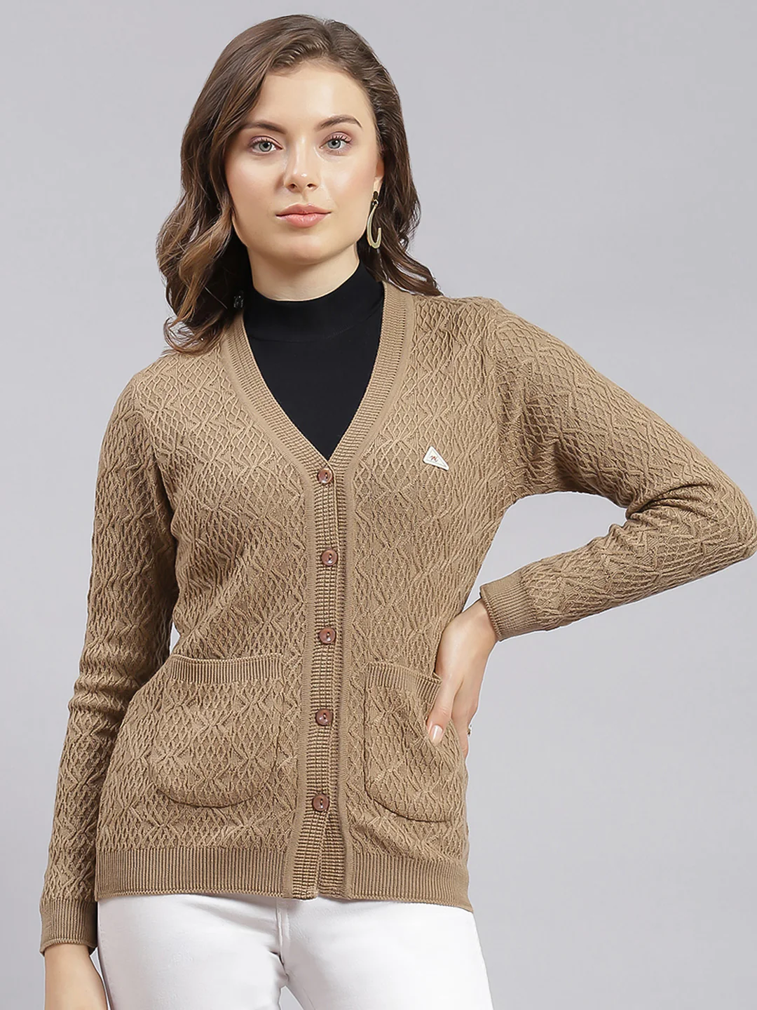 Women Beige Self Design Wool blend Cardigan