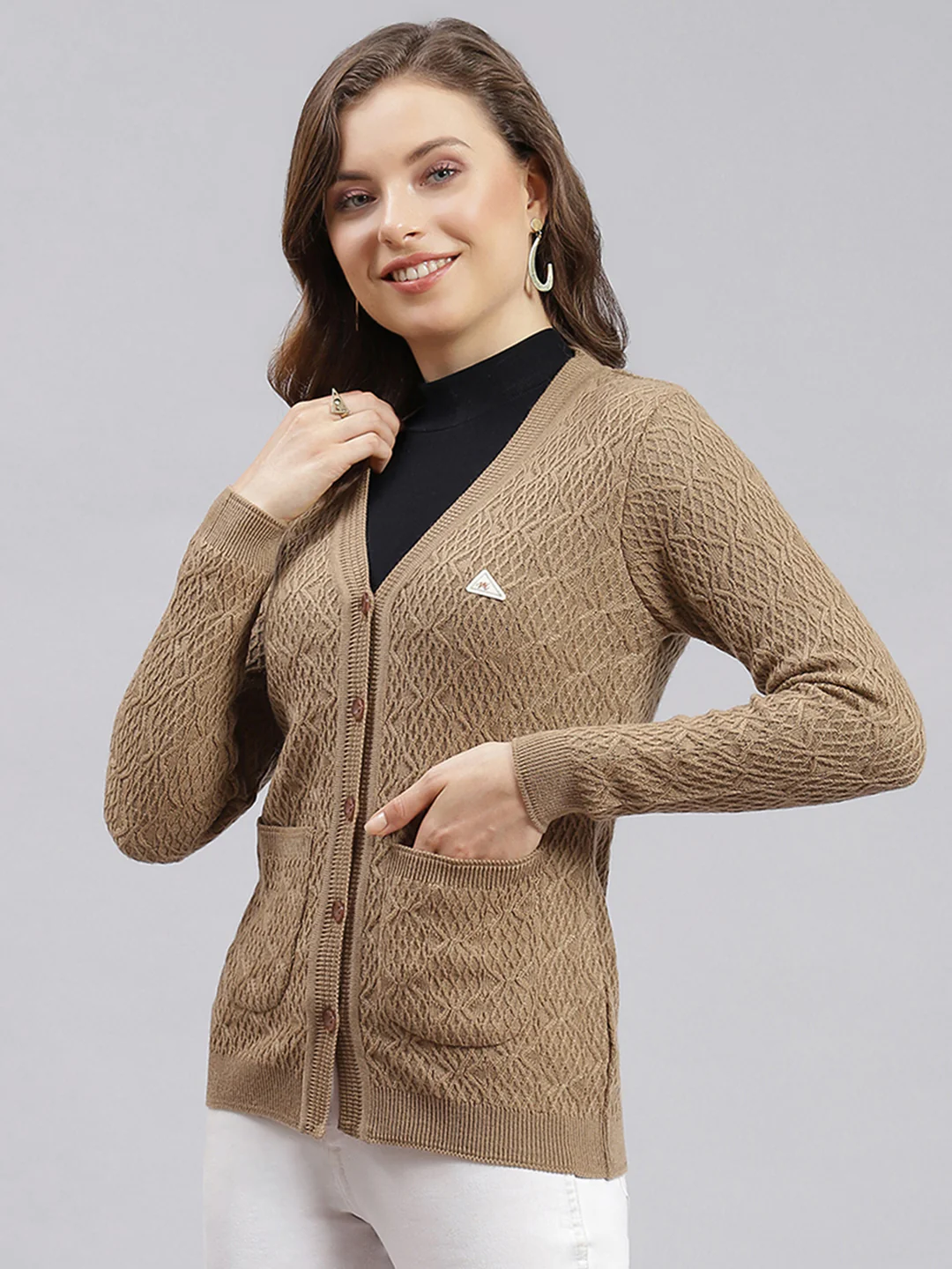 Women Beige Self Design Wool blend Cardigan - Image 3