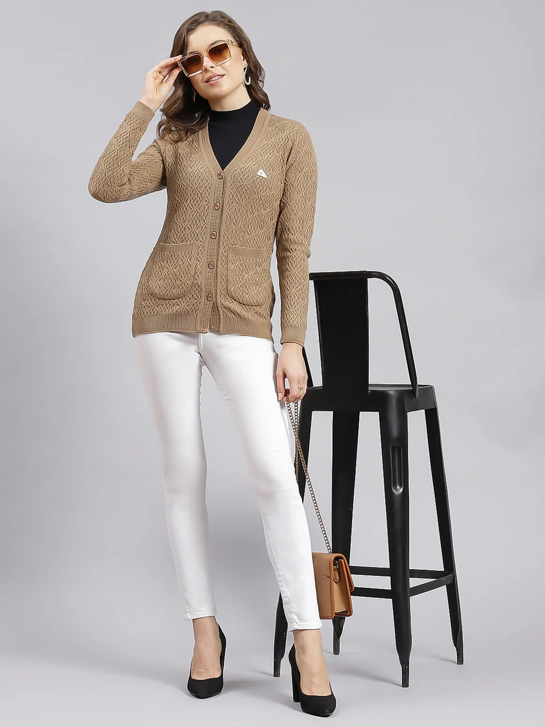Women Beige Self Design Wool blend Cardigan - Image 5