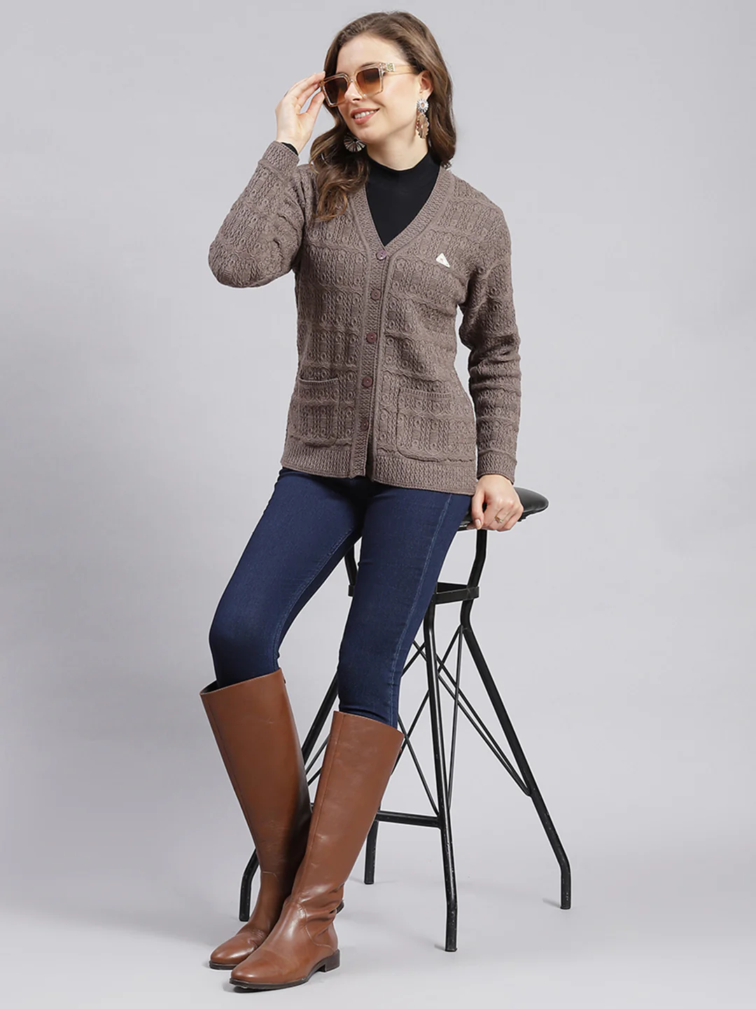 Women Beige Self Design Wool blend Cardigan - Image 5