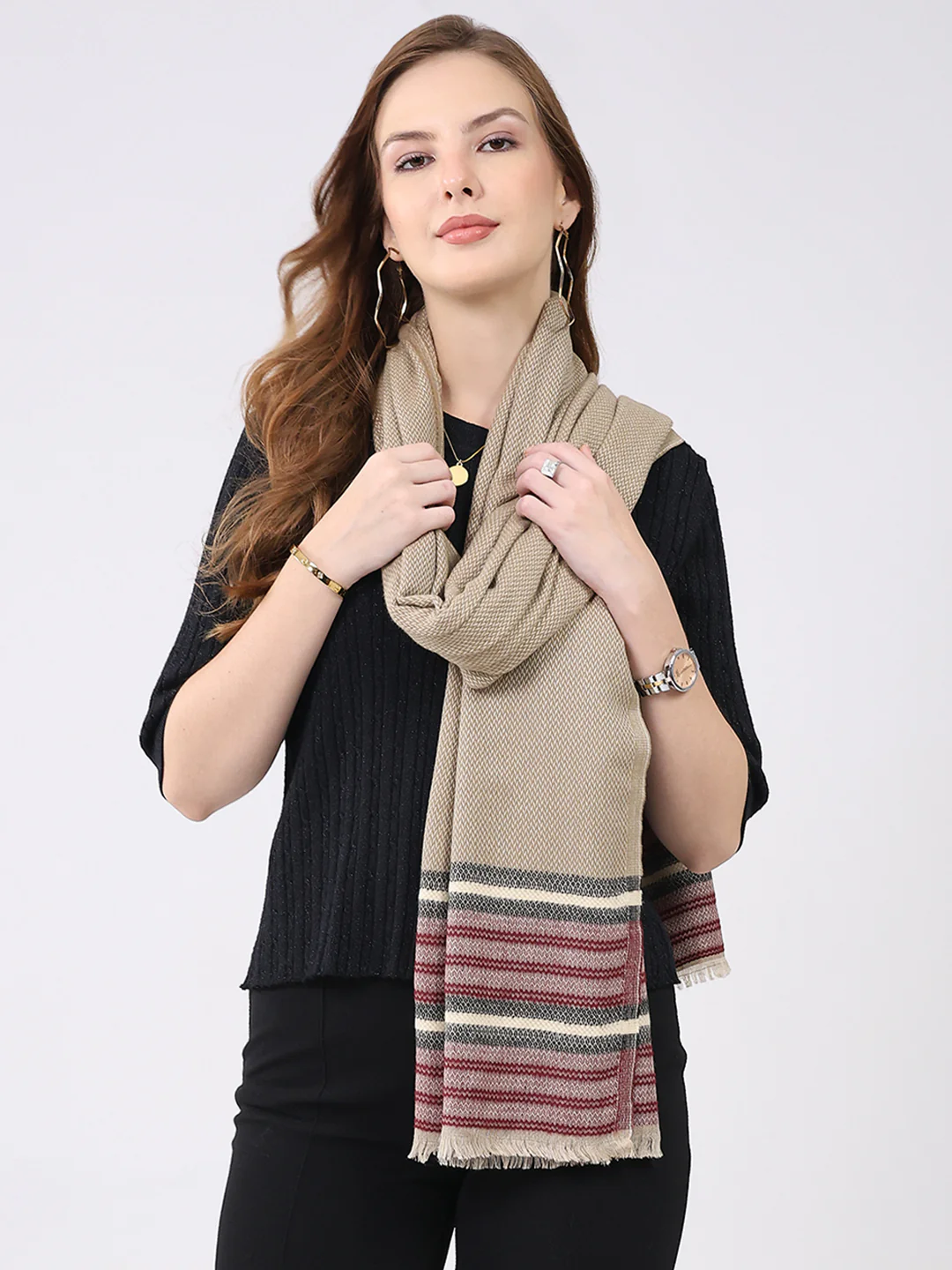 Women Beige Self Design Wool Stole - Image 3