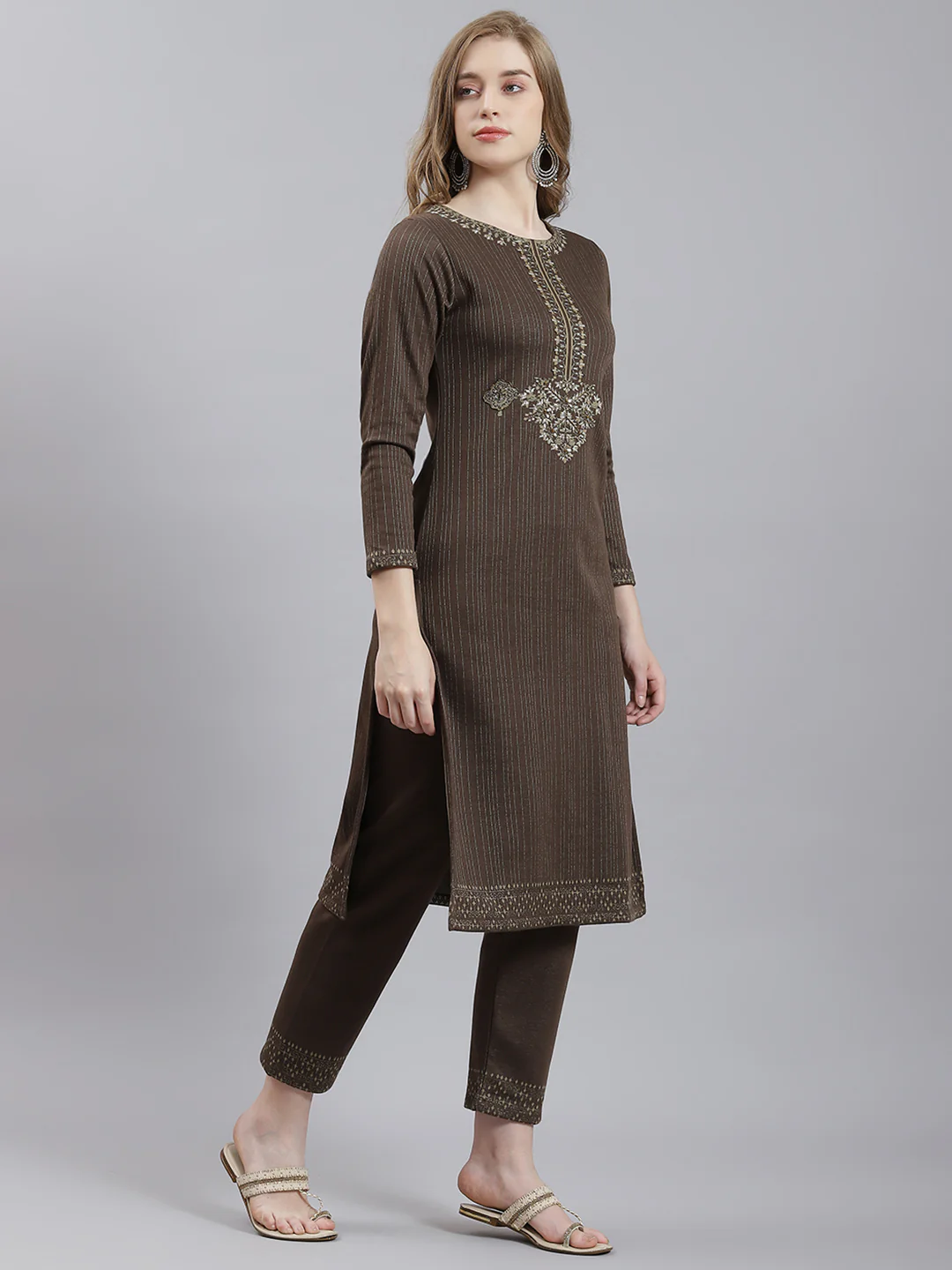Women Beige Self Kurti+Lower Set - Image 2