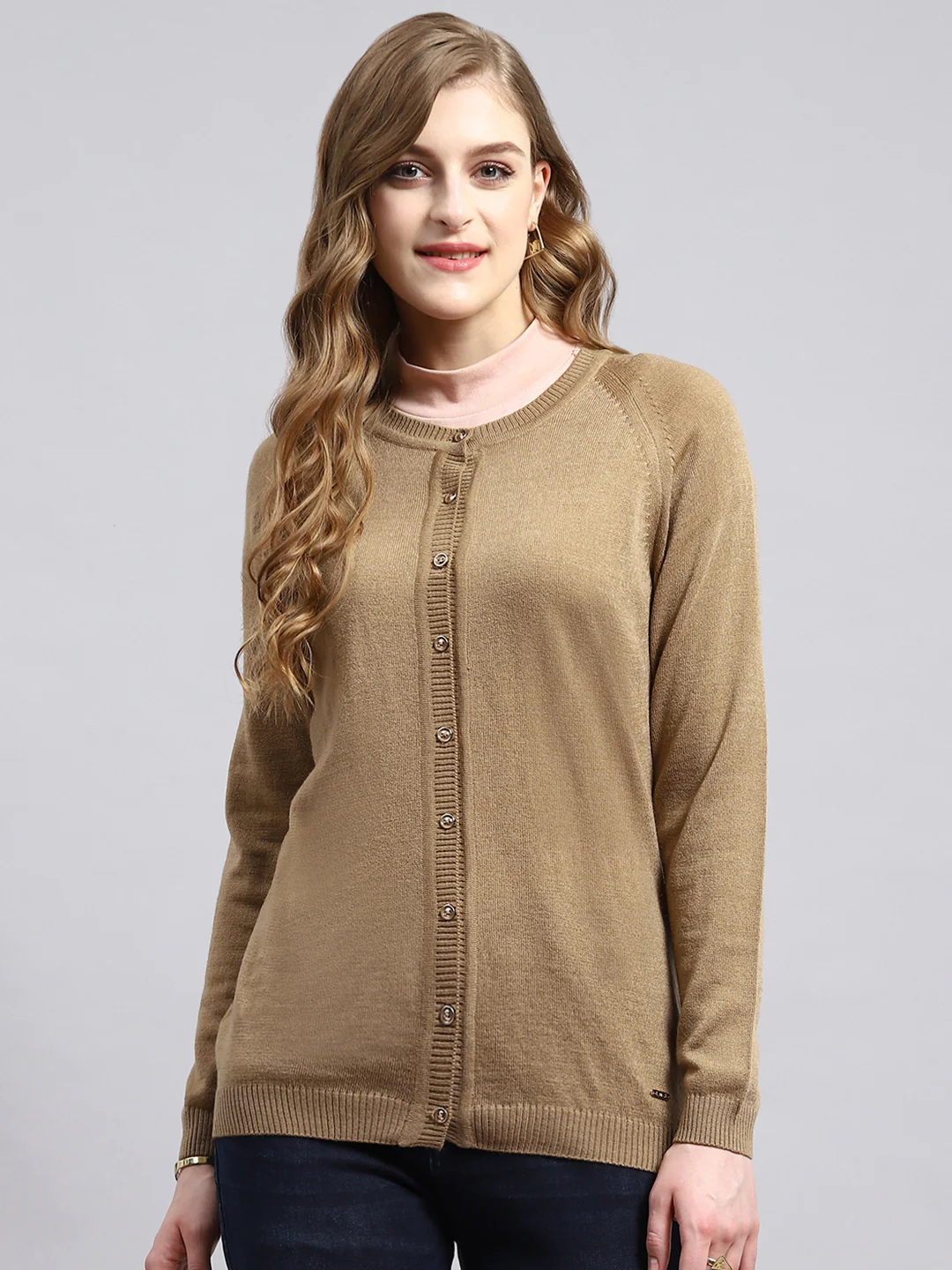 Women Beige Solid Cardigan - Image 2
