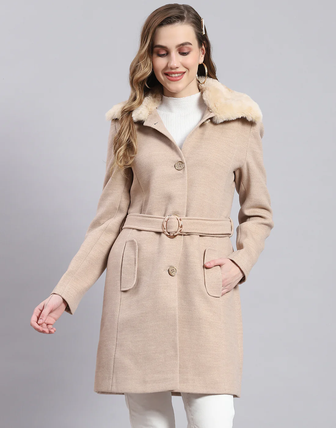 Women Beige Solid Collar Full Sleeve Coat - Image 2