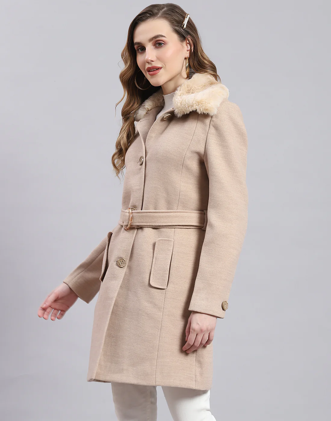 Women Beige Solid Collar Full Sleeve Coat - Image 3