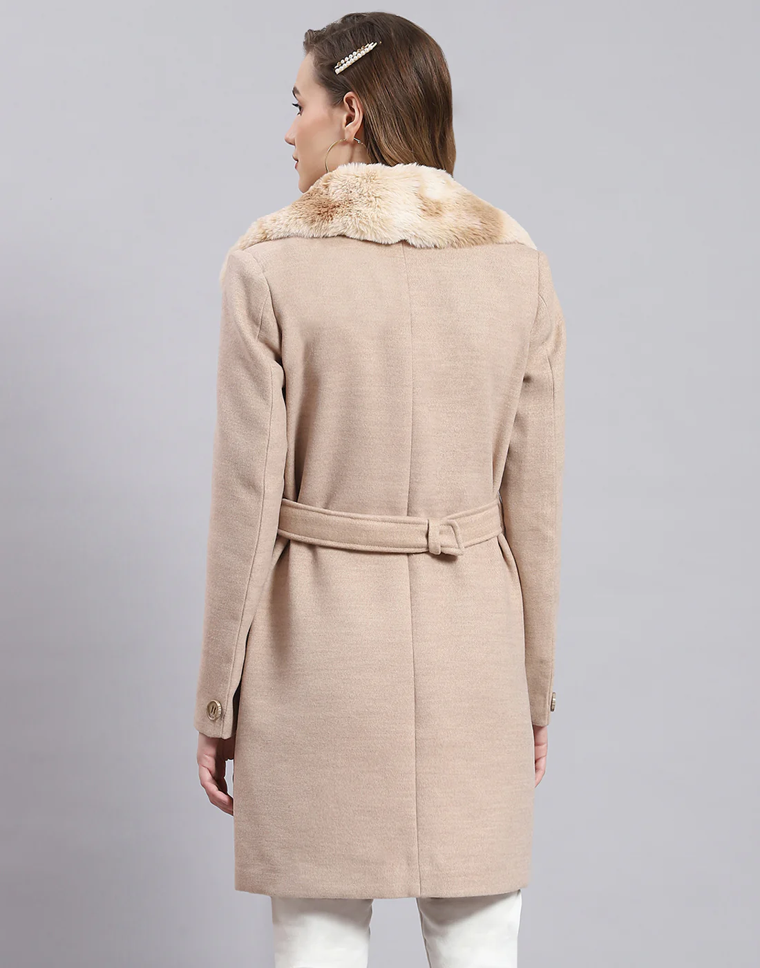 Women Beige Solid Collar Full Sleeve Coat - Image 5