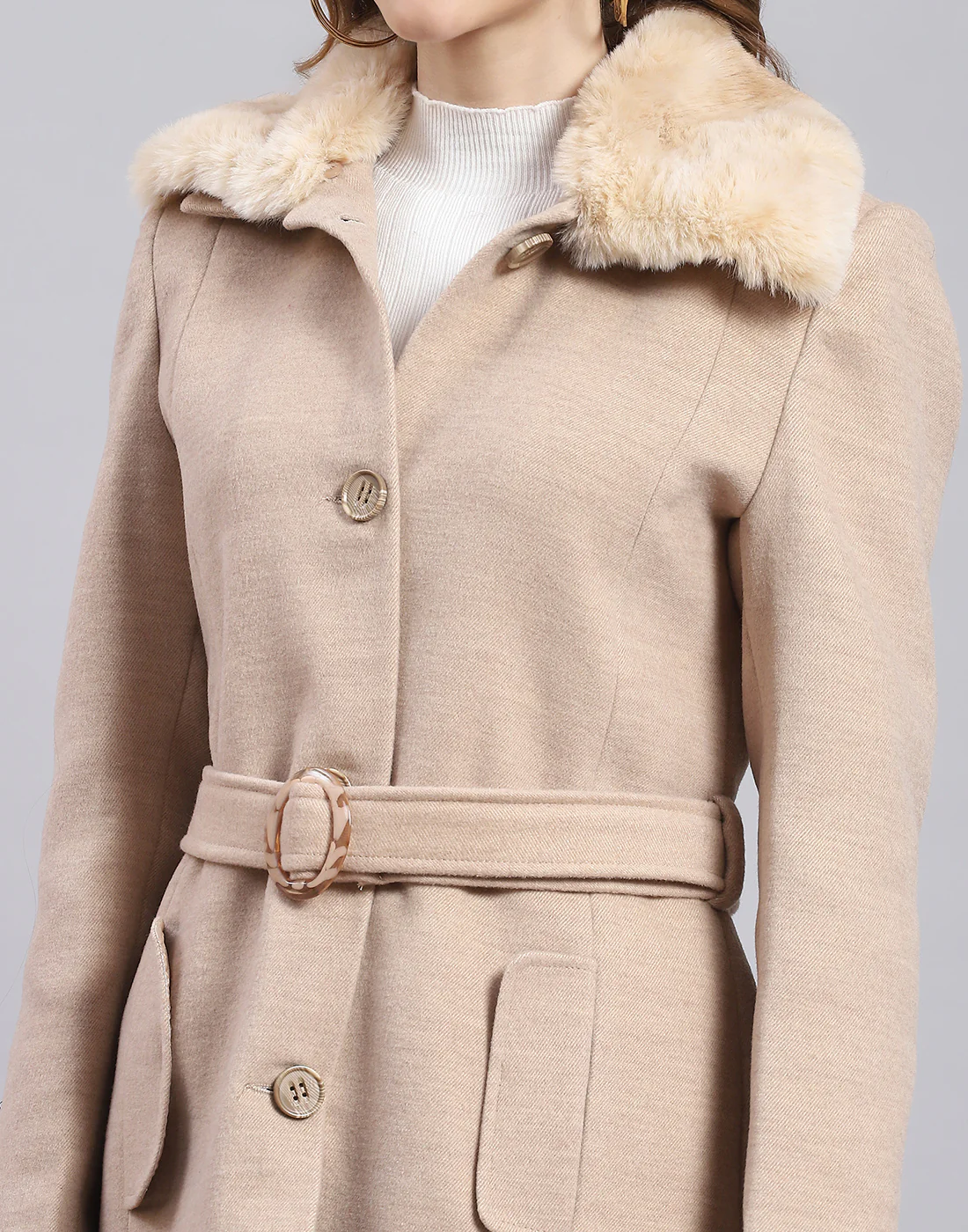 Women Beige Solid Collar Full Sleeve Coat - Image 6