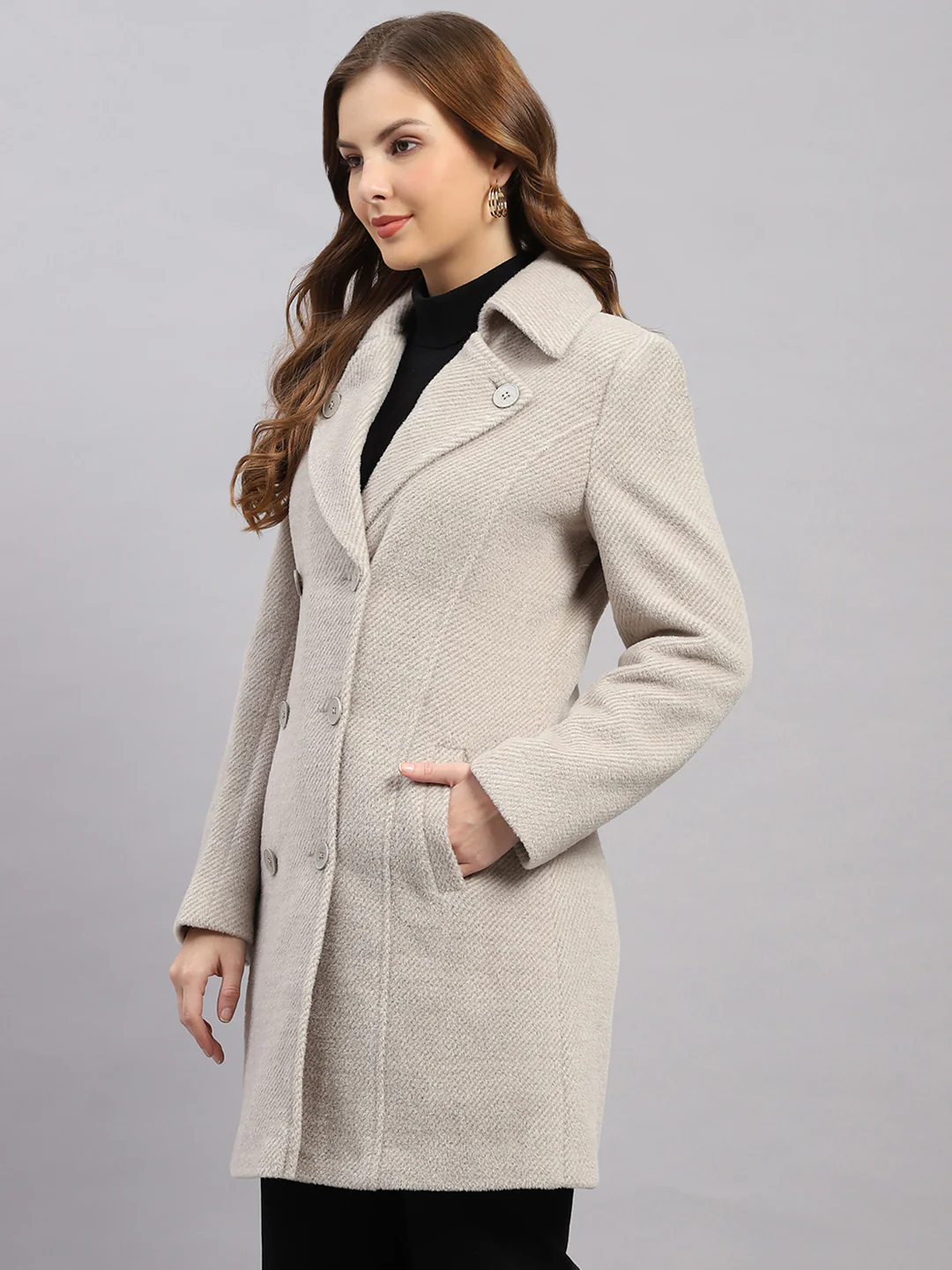 Women Beige Solid Collar Full Sleeve Coat - Image 3