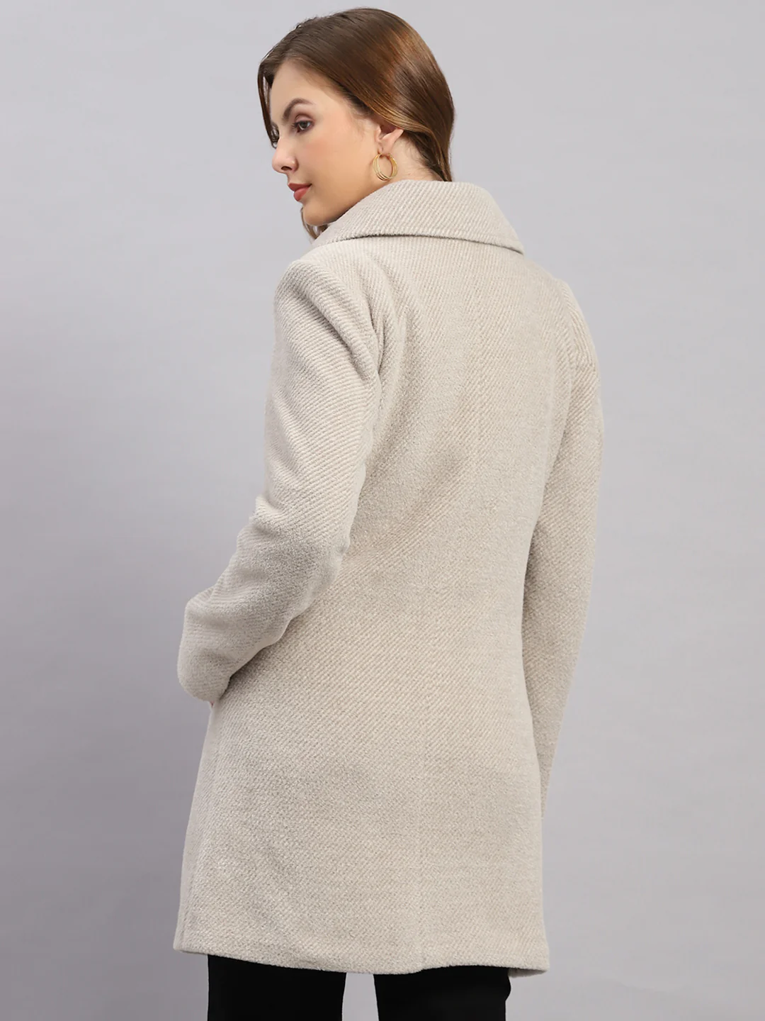 Women Beige Solid Collar Full Sleeve Coat - Image 5