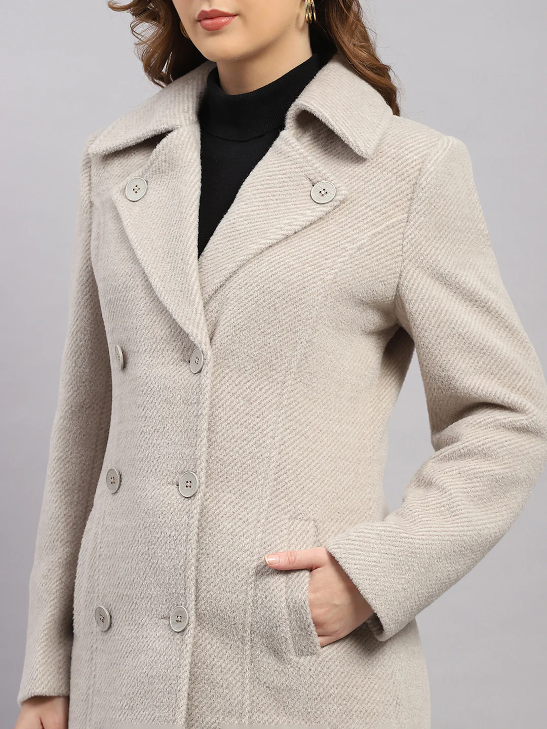 Women Beige Solid Collar Full Sleeve Coat - Image 6