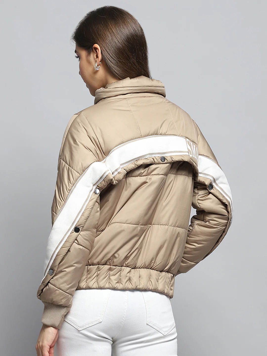 Women Beige Solid Collar Full Sleeve Jacket - Image 5