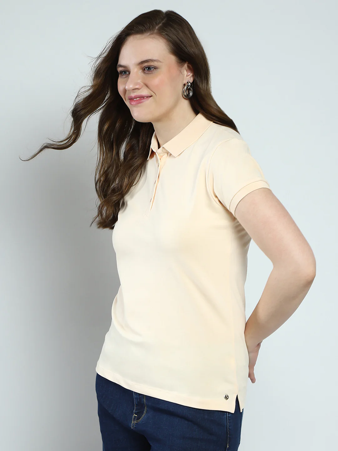 Women Beige Solid Collar Half Sleeve T-Shirt - Image 3