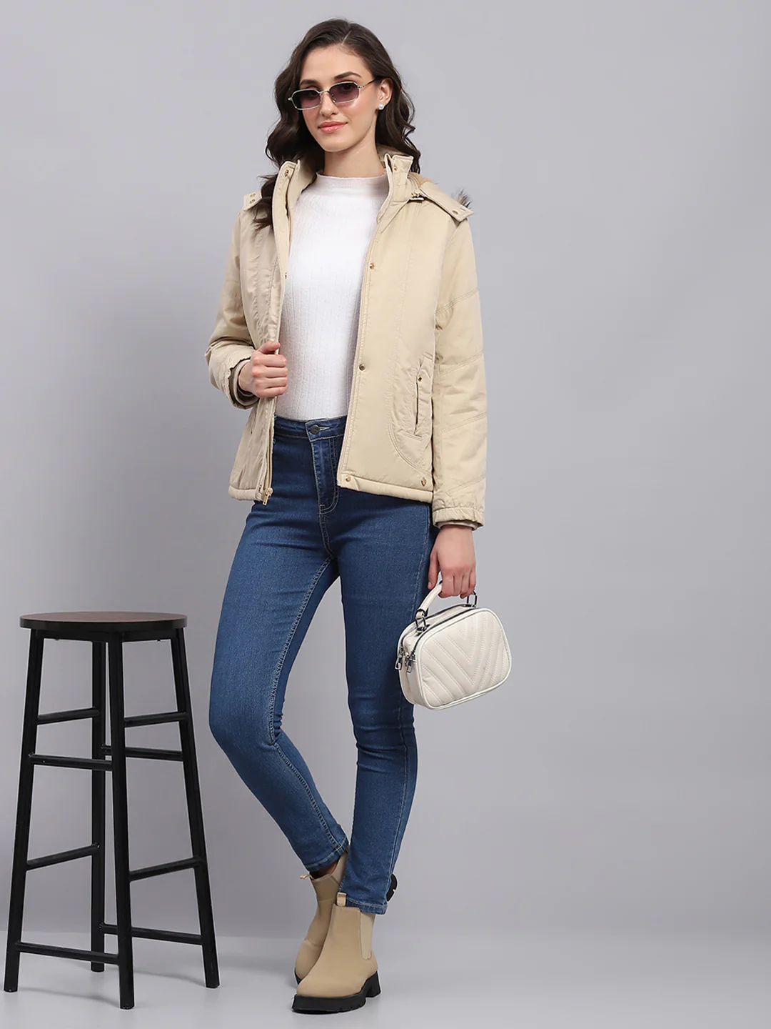 Women Beige Solid Detachable Hood Full Sleeve Jacket - Image 2