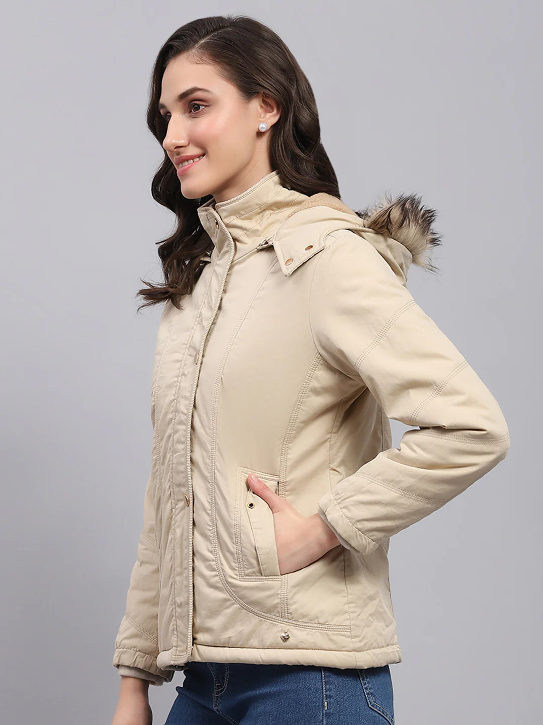 Women Beige Solid Detachable Hood Full Sleeve Jacket - Image 3