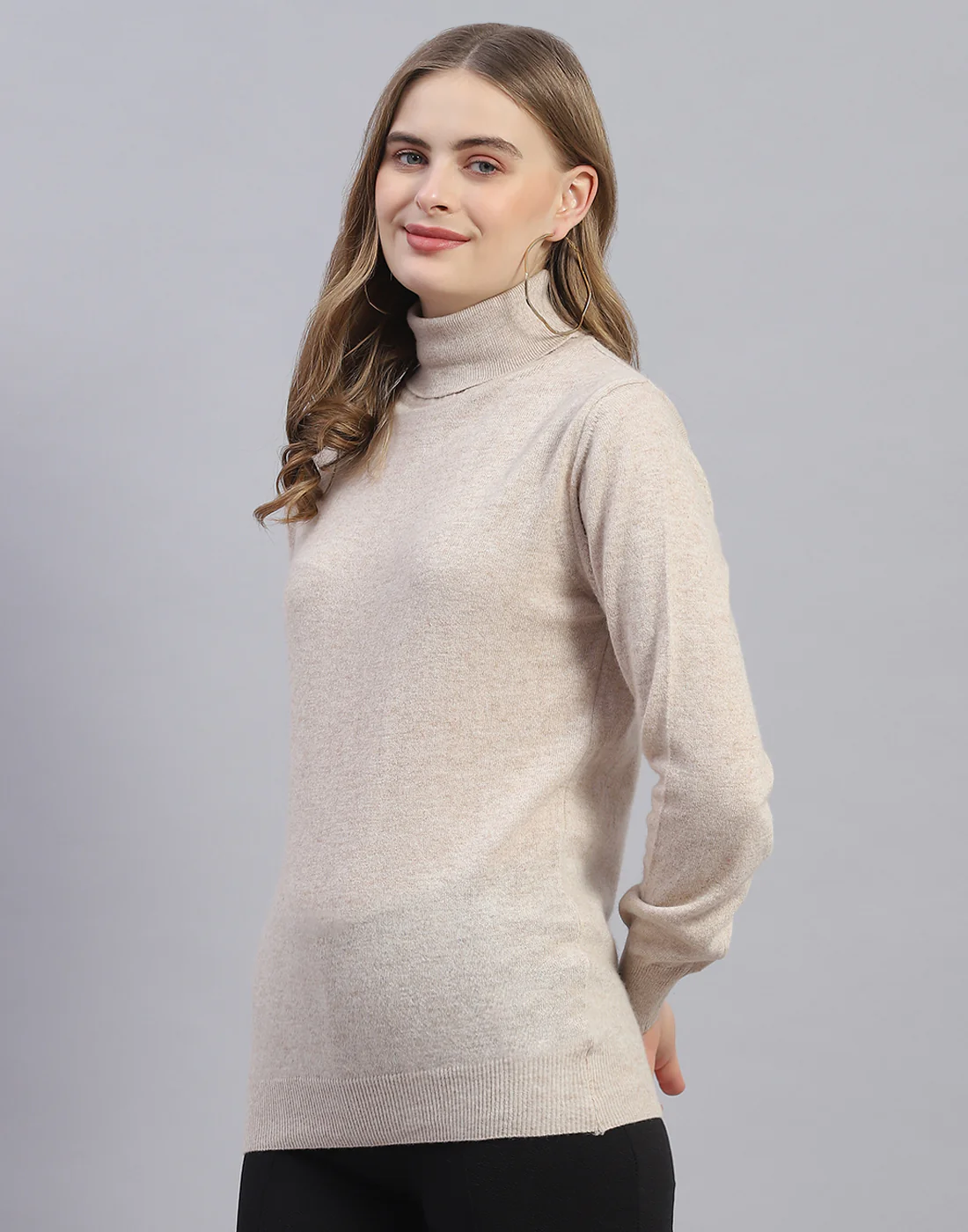 Women Beige Solid H Neck Full Sleeve Sweater - Image 3
