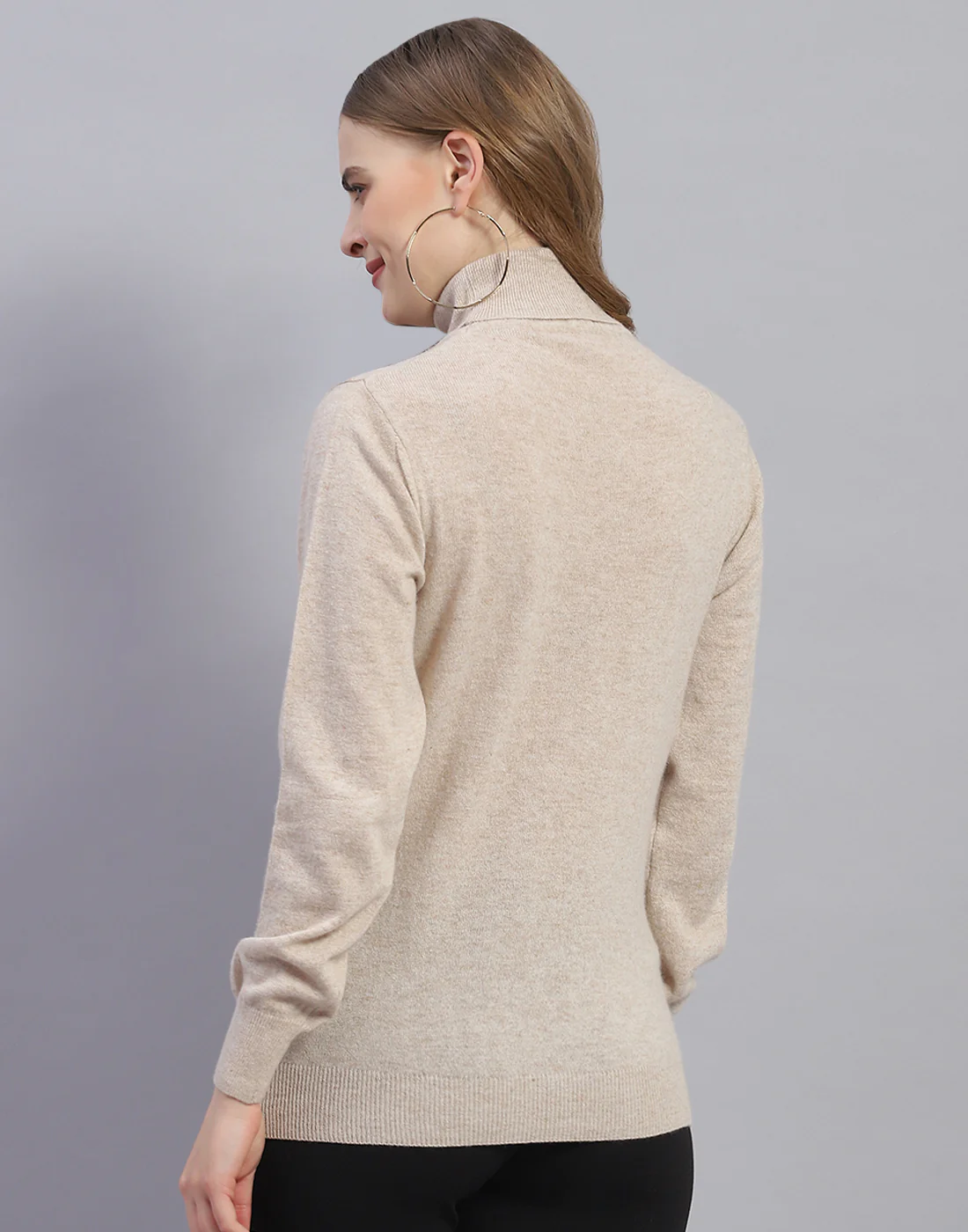 Women Beige Solid H Neck Full Sleeve Sweater - Image 5