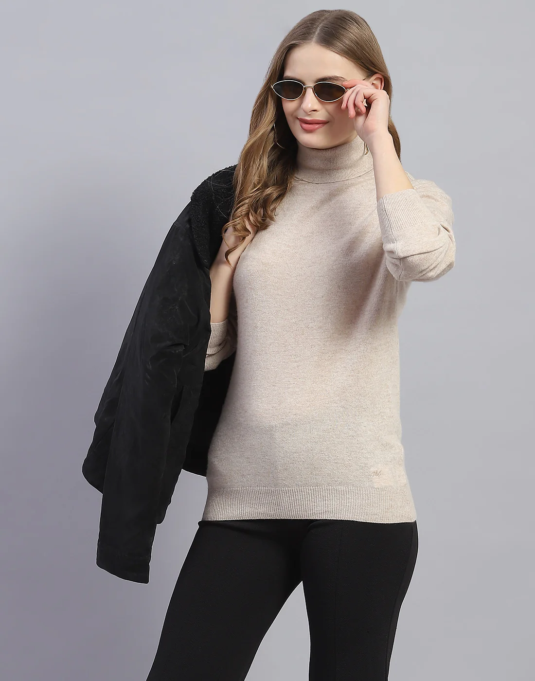 Women Beige Solid H Neck Full Sleeve Sweater - Image 6