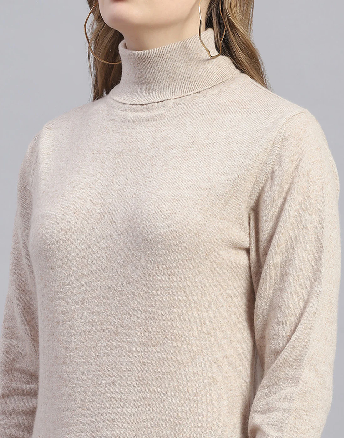 Women Beige Solid H Neck Full Sleeve Sweater - Image 7