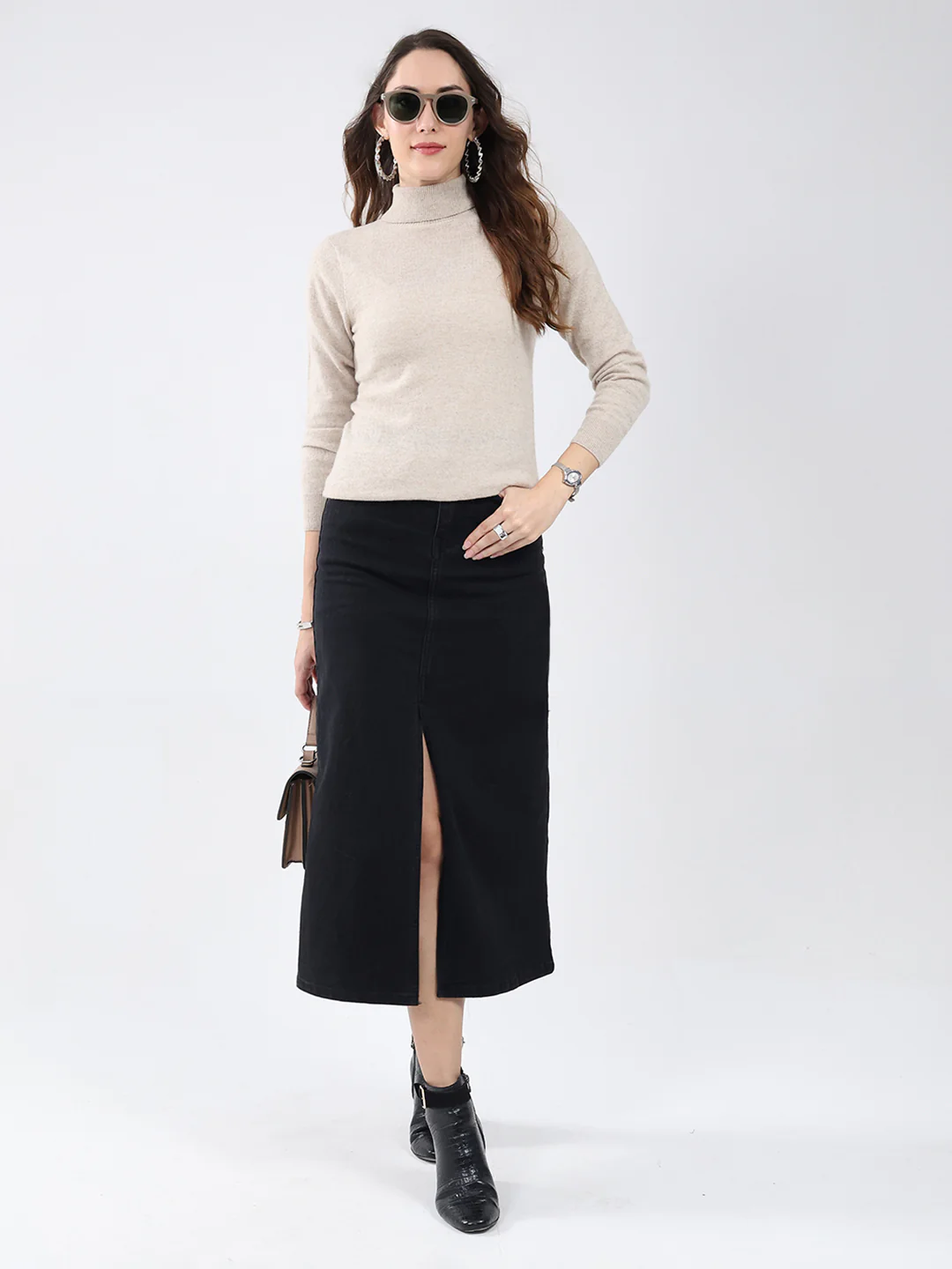 Women Beige Solid High Neck Full Sleeve Winter Top - Image 2