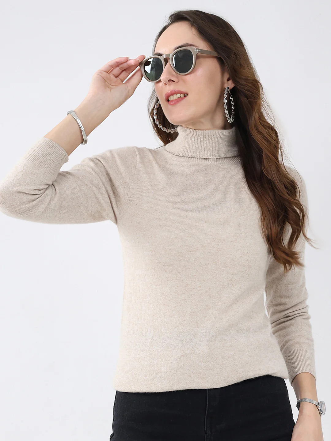 Women Beige Solid High Neck Full Sleeve Winter Top - Image 6