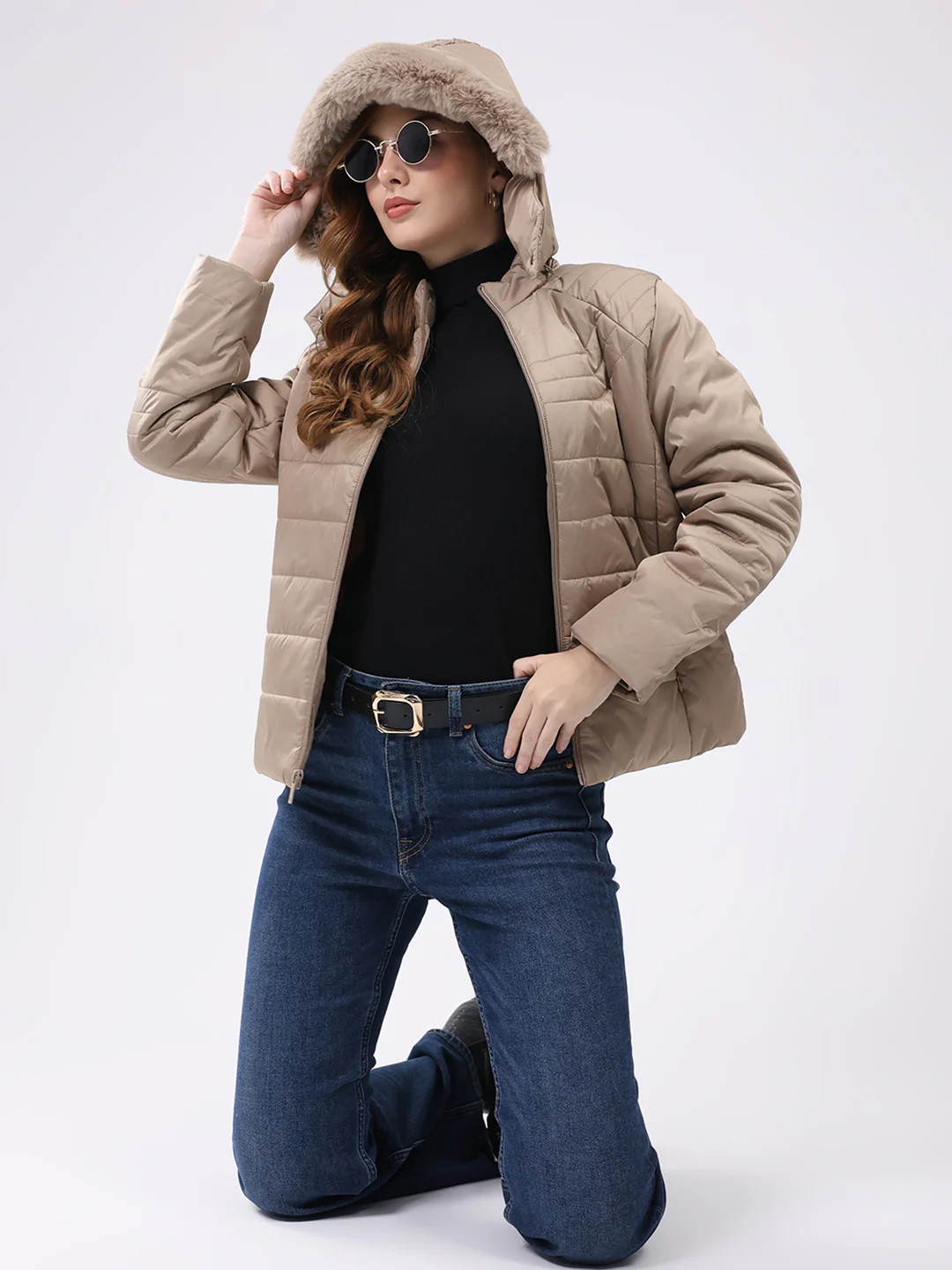 Women Beige Solid Hooded Full Sleeve Jacket - Image 2