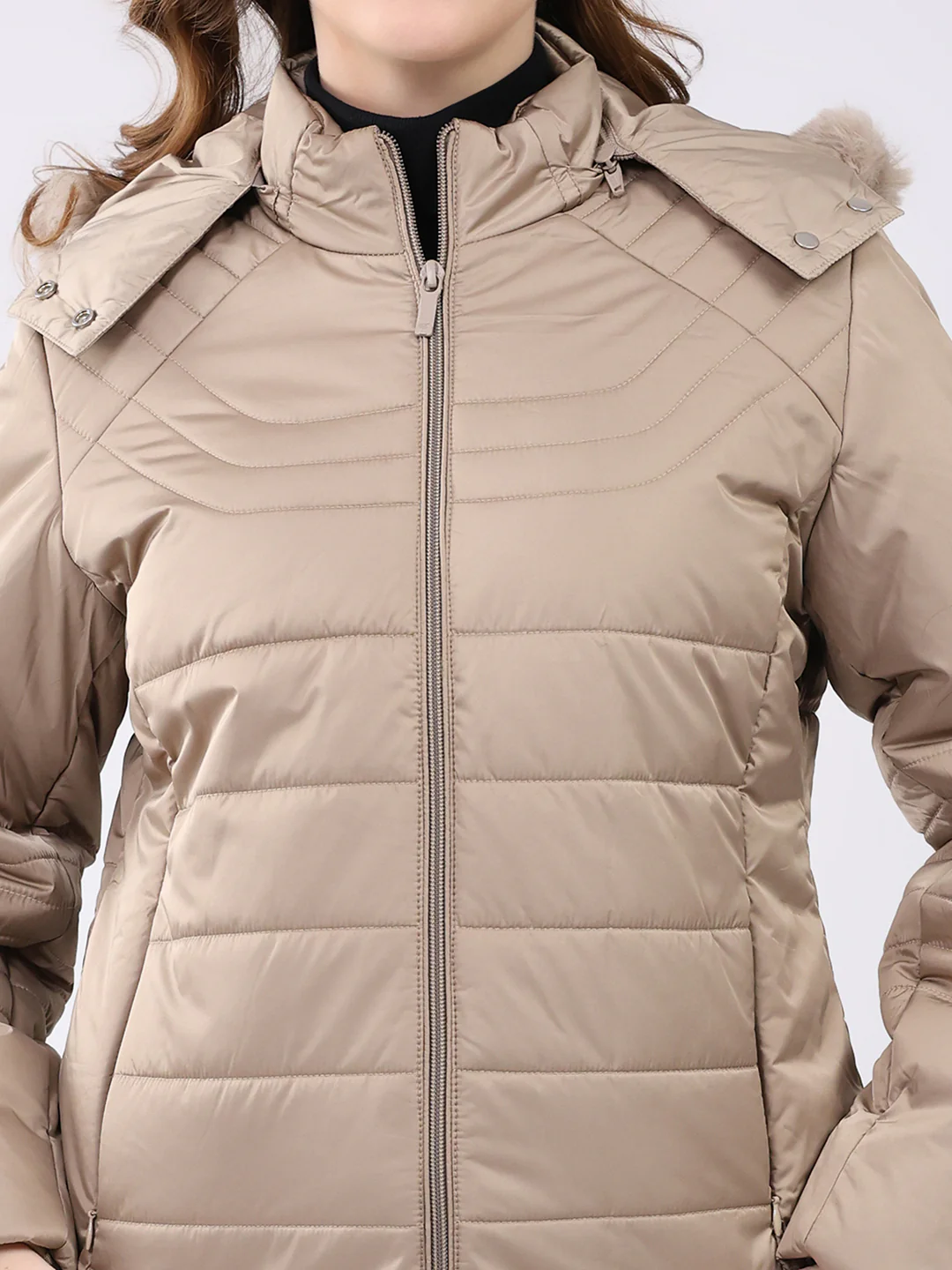 Women Beige Solid Hooded Full Sleeve Jacket - Image 6