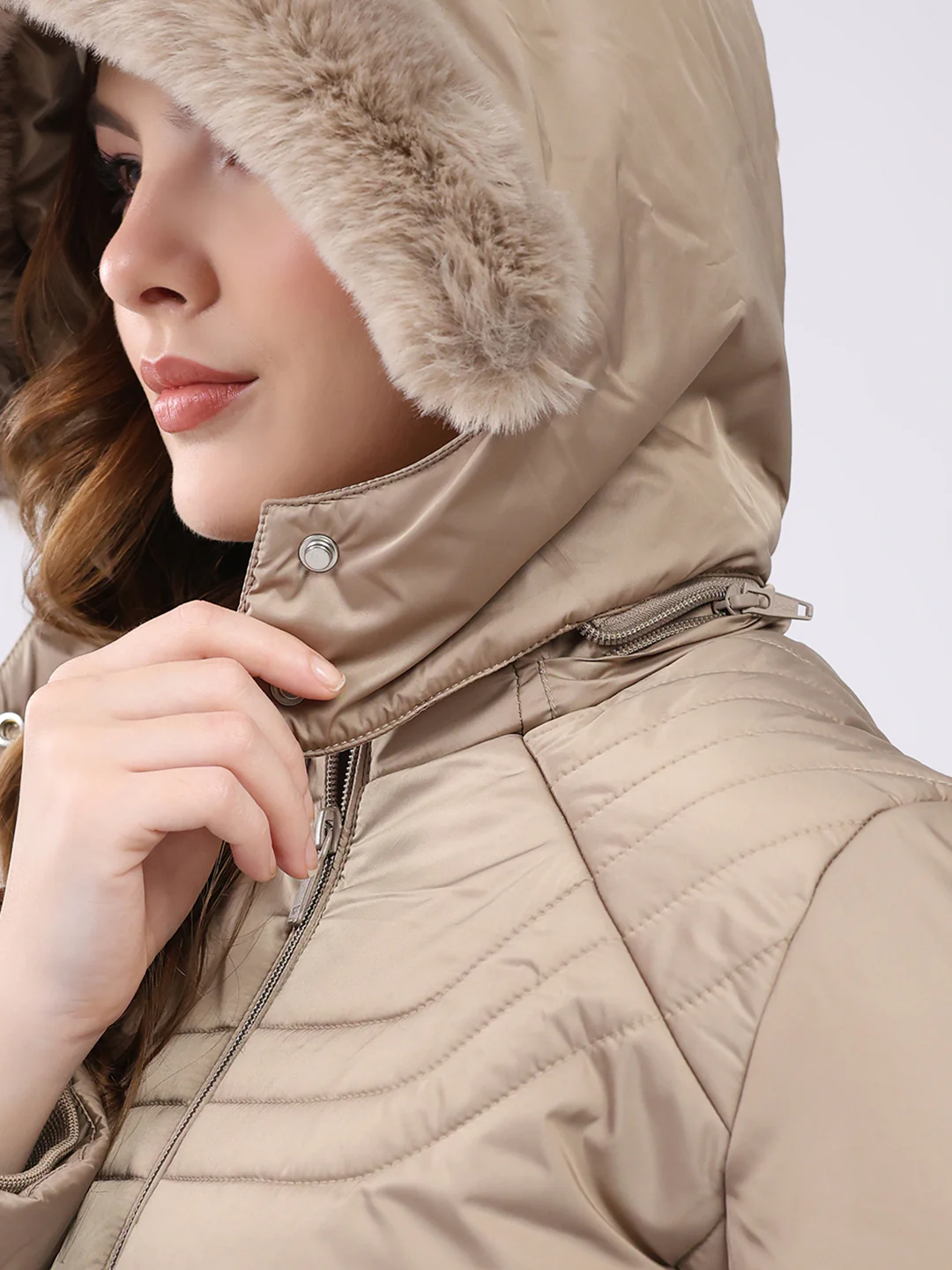 Women Beige Solid Hooded Full Sleeve Jacket - Image 7