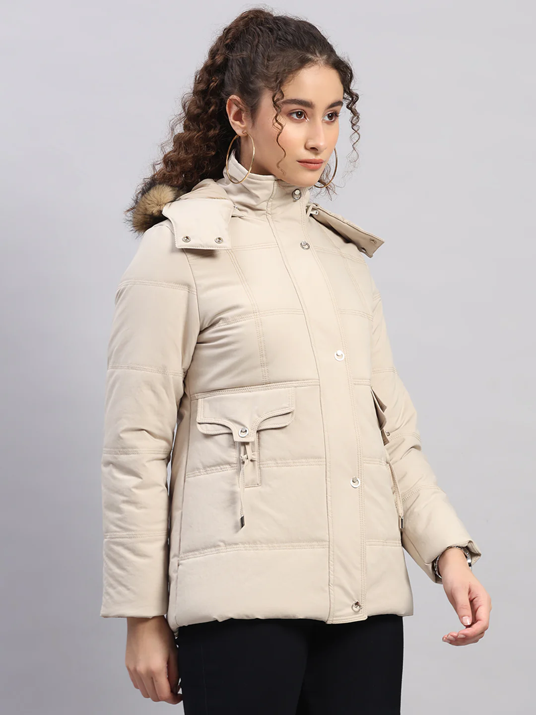 Women Beige Solid Hooded Full Sleeve Jacket - Image 4