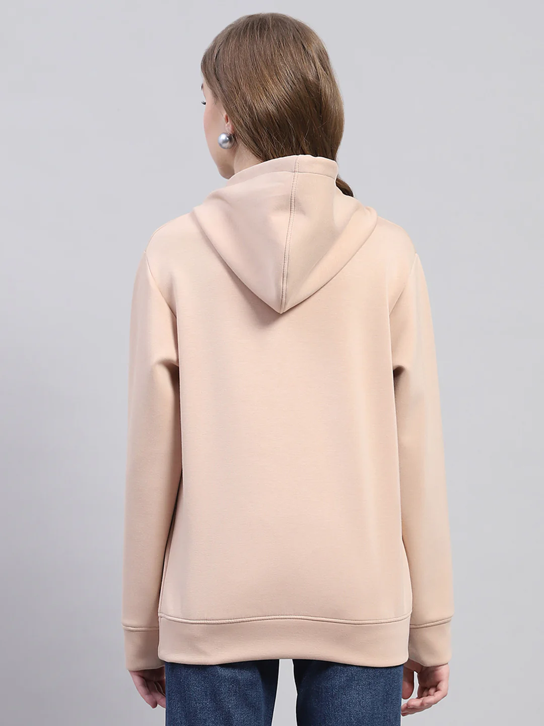 Women Beige Solid Hooded Full Sleeve Sweatshirt - Image 5