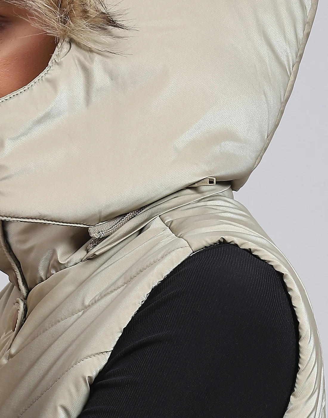 Women Beige Solid Hooded Sleeveless Jacket - Image 7