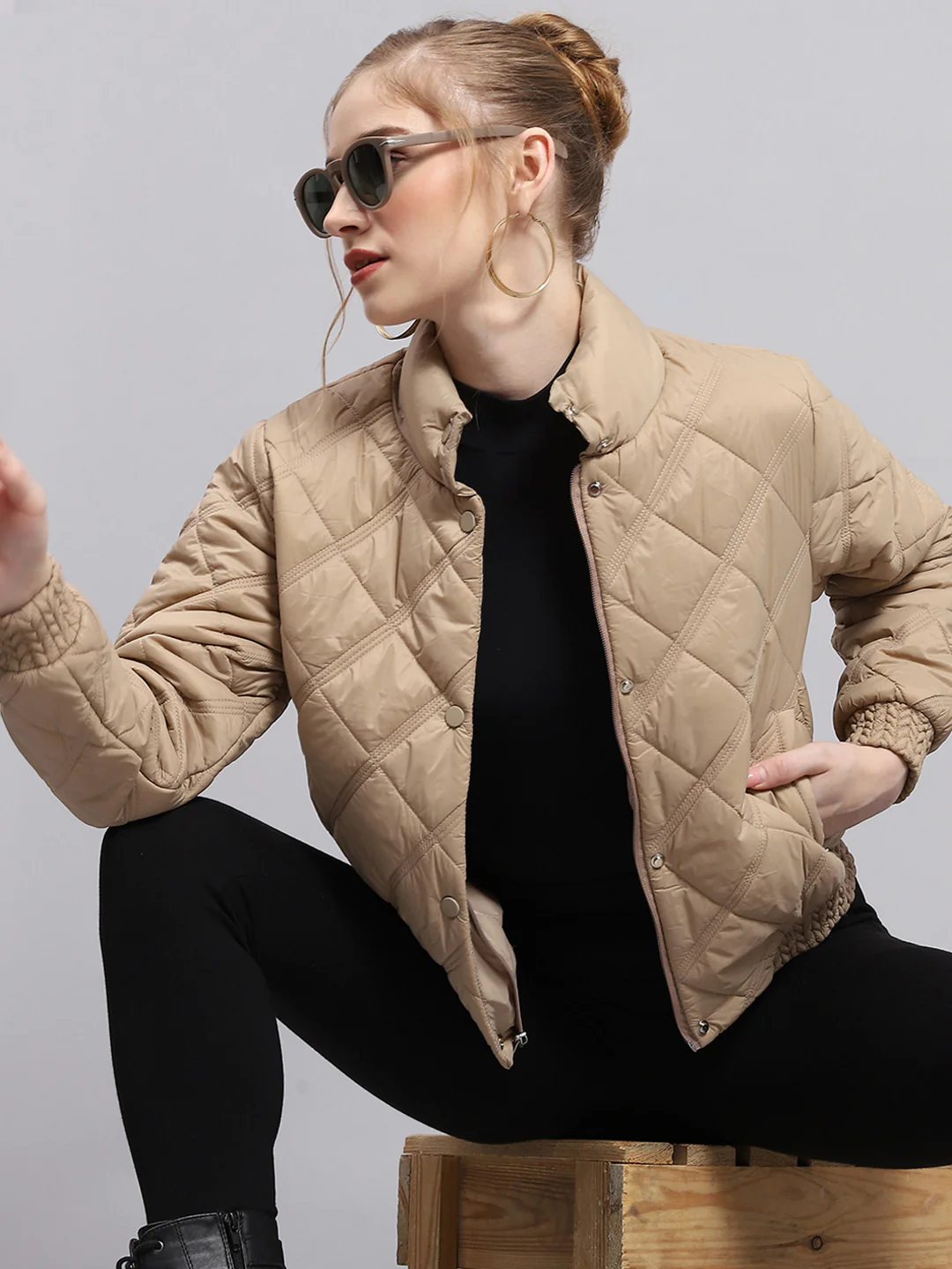 Women Beige Solid Mock Neck Full Sleeve Jacket - Image 6