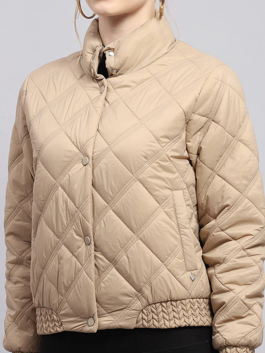 Women Beige Solid Mock Neck Full Sleeve Jacket - Image 7