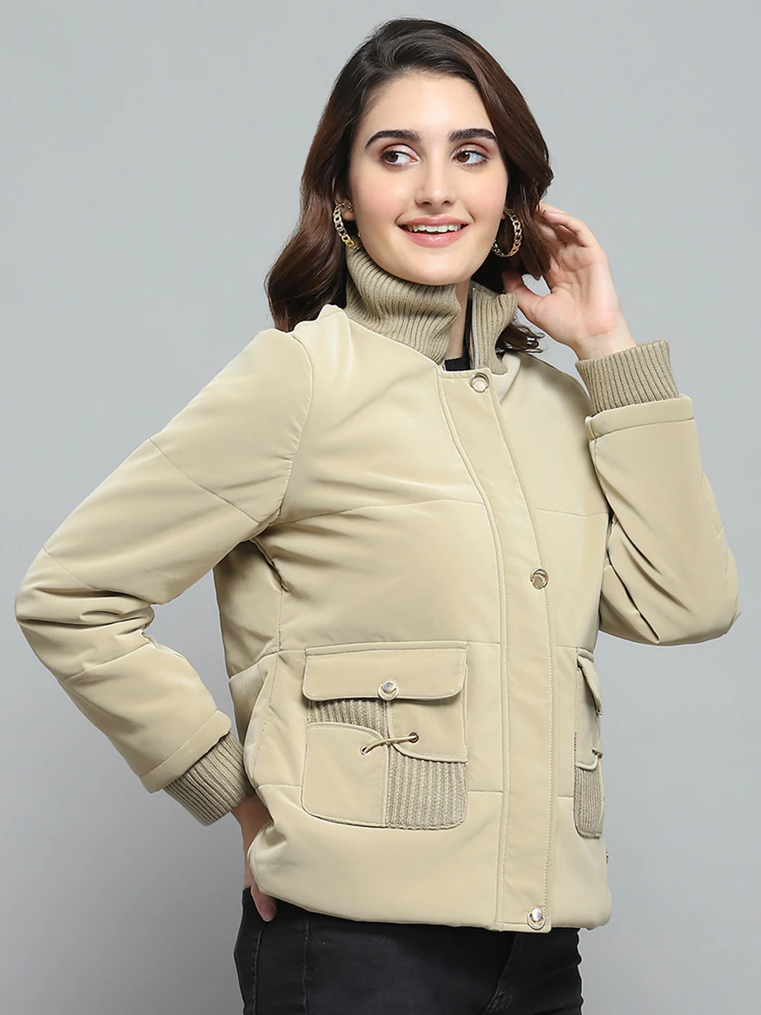 Women Beige Solid Mock Neck Full Sleeve Jacket - Image 4