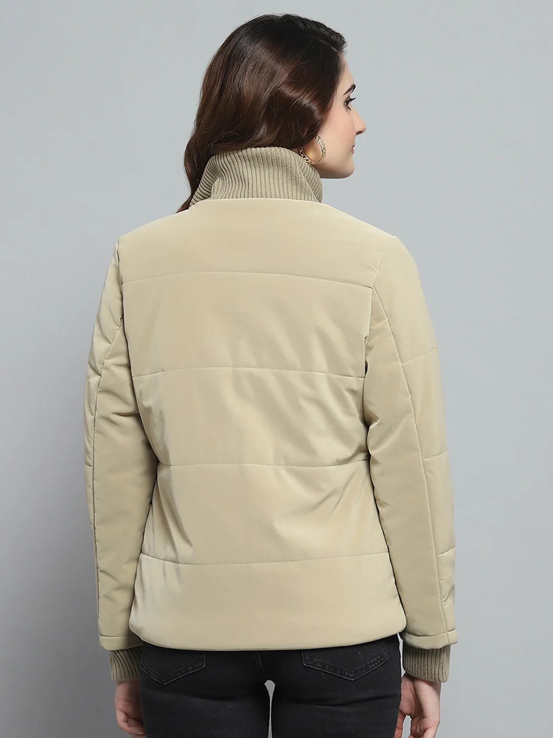 Women Beige Solid Mock Neck Full Sleeve Jacket - Image 5