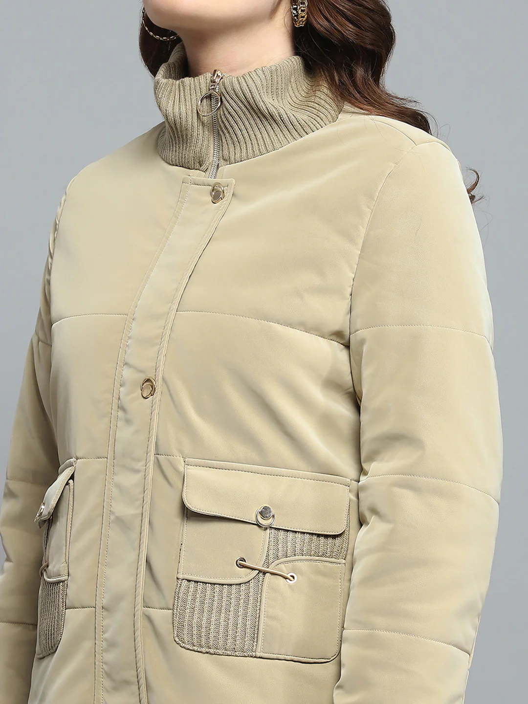 Women Beige Solid Mock Neck Full Sleeve Jacket - Image 7