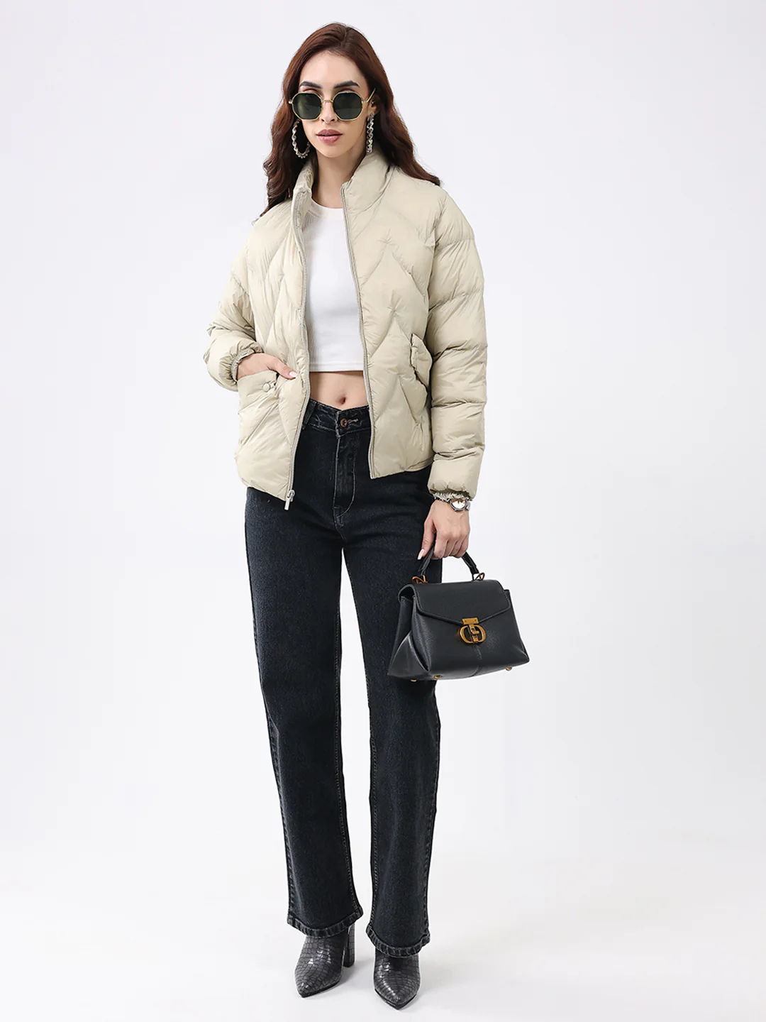 Women Beige Solid Mock Neck Full Sleeve Jacket - Image 2