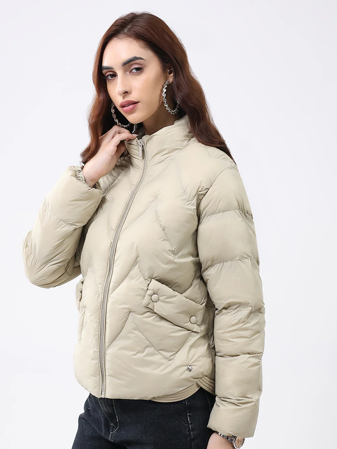 Women Beige Solid Mock Neck Full Sleeve Jacket - Image 3