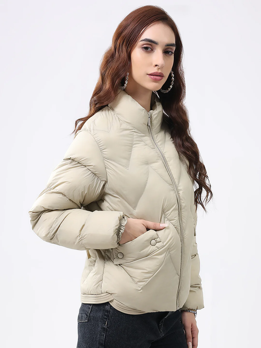 Women Beige Solid Mock Neck Full Sleeve Jacket - Image 4