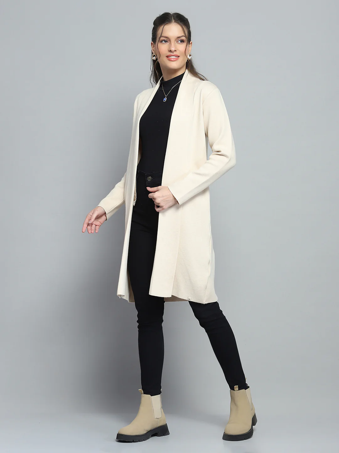 Women Beige Solid Notch Lapel Collar Full Sleeve Cardigan - Image 3