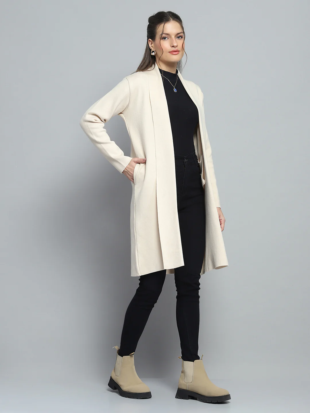 Women Beige Solid Notch Lapel Collar Full Sleeve Cardigan - Image 4